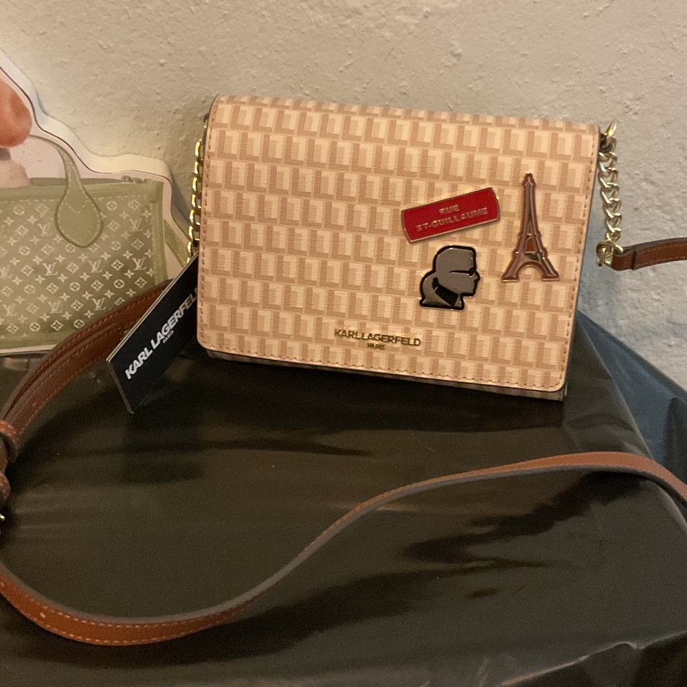 Karl Lagerfeld Beige & Brown Monogram Crossbody Bag with Gold Accents